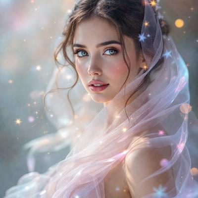 The primary subject of the image is a woman with long hair, wearing a veil and a pink dress. She is looking at the camera with a smile on her face. The setting is a brightly lit room, and the visual style is a combination of a photo and digital art. The colors in the image are predominantly pink and white, creating a warm and elegant atmosphere.